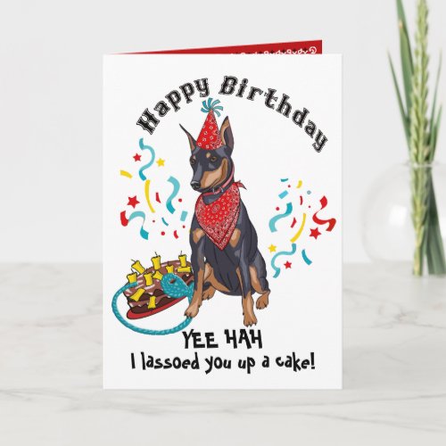Happy Birthday with  Doberman  Dog in Red Bandana Card