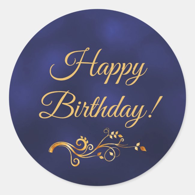 Happy Birthday with elegant blue and gold decor Classic Round Sticker