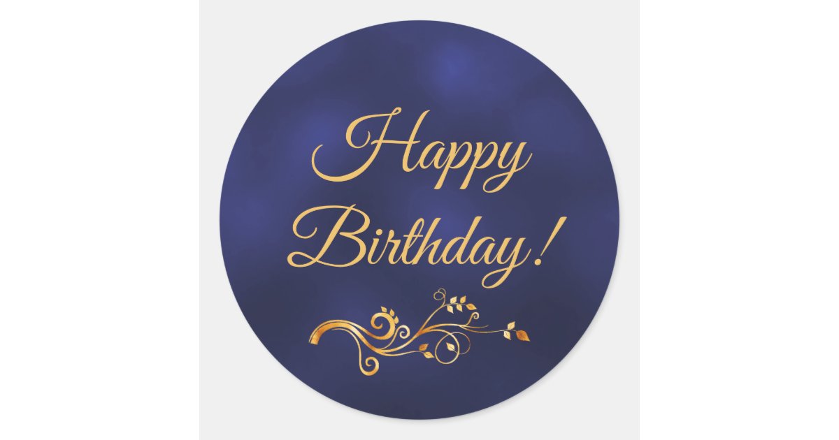 Happy Birthday with elegant blue and gold decor Classic Round Sticker | Zazzle.com