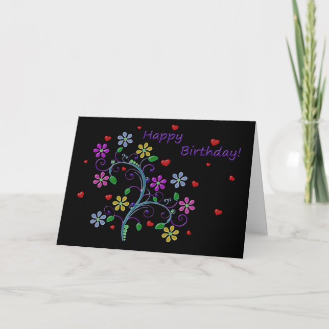 Happy Birthday with Flowers, Hearts, and Love Card (Front)