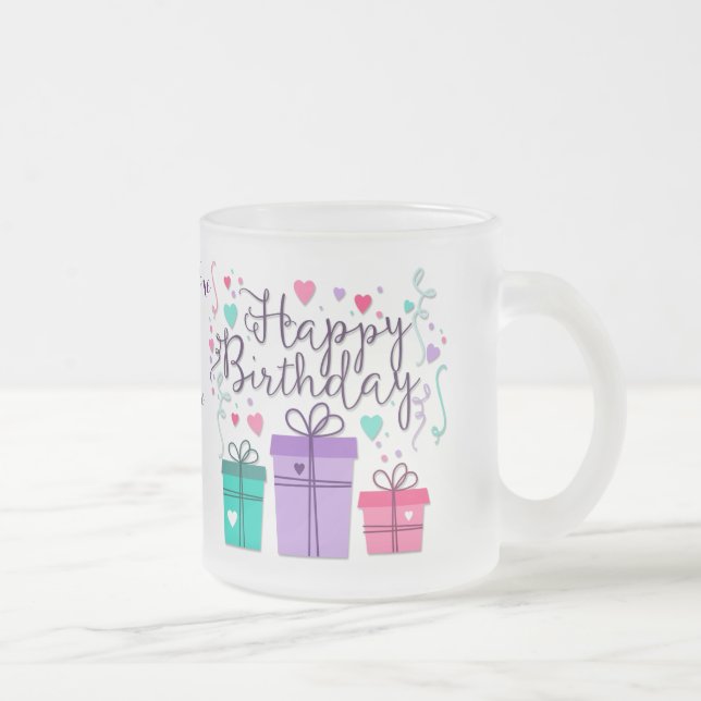"Happy Birthday With Gift Boxes" - Customize Frosted Glass Coffee Mug (Right)