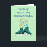 Happy Birthday with iceskates and ribbons Card<br><div class="desc">** Matching products in my store ~ Check the Birthday dept. ** Add your own photo or company logo ** Text on front and inside is changeable by you Many more designs in my store. Contact me to have a custom design made just for you! http://www.zazzle.com/goldenjackal</div>
