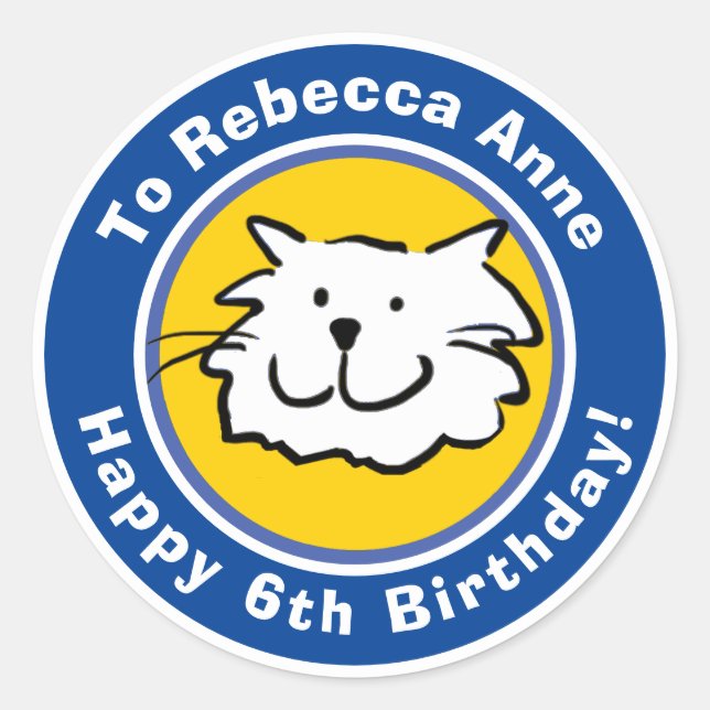 Happy Birthday with Name & Age 6 Classic Round Sticker (Front)