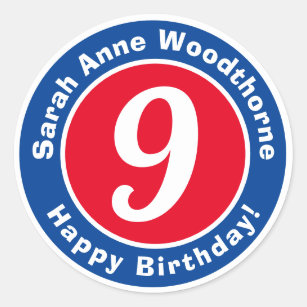 Happy Birthday with Name & Age 9 Classic Round Sticker