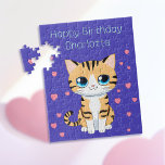 Happy Birthday with Name Template Kids Cat Puzzle<br><div class="desc">Make birthdays extra special for cat-loving kids with our Happy Birthday Cat Kids Jigsaw Puzzle. This adorable puzzle features a cute cartoon cat with a kawaii-style face, complete with big blue eyes, set against a vibrant blue background adorned with many pink hearts. The design includes a cheerful "Happy Birthday" message,...</div>