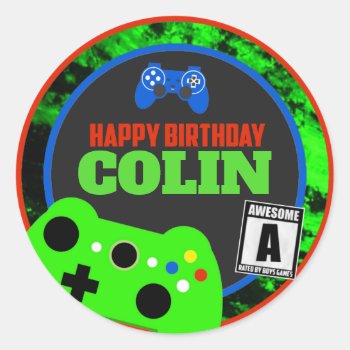 Happy Birthday With Name Video Gamer Birthday Classic Round Sticker by TiffsSweetDesigns at Zazzle