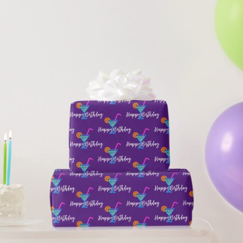 Happy Birthday With Neon Cocktail Wrapping Paper