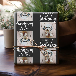 Happy Birthday with One Square Photo - black Wrapping Paper