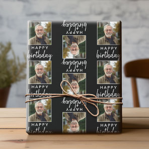 Happy Birthday with One Square Photo - black Wrapping Paper