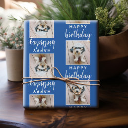 Happy Birthday with One Square Photo - blue Wrapping Paper