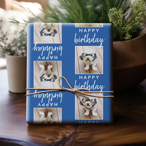 Happy Birthday with One Square Photo _ blue Wrapping Paper