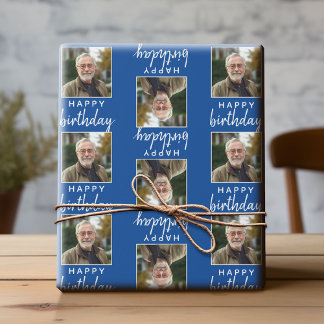 Happy Birthday with One Square Photo - blue Wrapping Paper