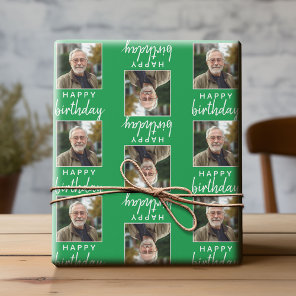 Happy Birthday with One Square Photo - green Wrapping Paper