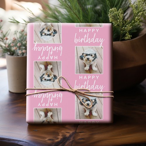 Happy Birthday with One Square Photo _ pink Wrapping Paper