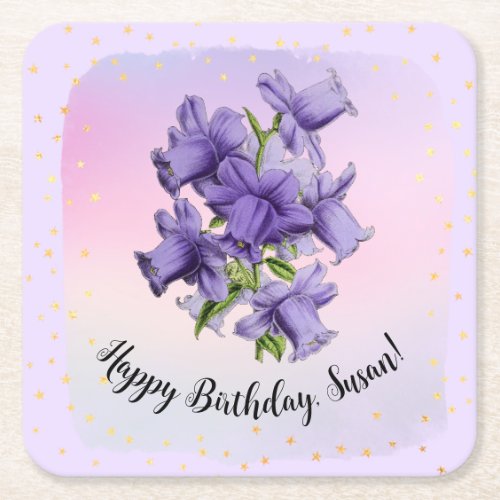Happy Birthday with Pretty Purple Vintage Orchid Square Paper Coaster