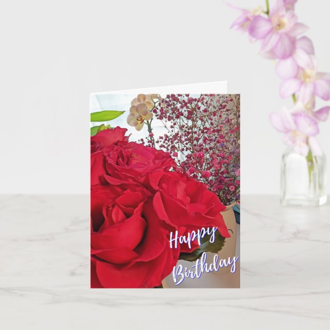 Happy Birthday With Roses Folded Greeting Card (Orchid)
