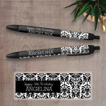Happy Birthday With Trendy Black And White Damask Black Ink Pen by MarshBaby at Zazzle