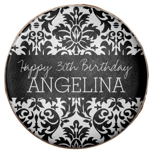 Happy Birthday with Trendy Black and White Damask Chocolate Dipped Oreo (Front)