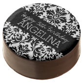 Happy Birthday with Trendy Black and White Damask Chocolate Dipped Oreo (Angled)