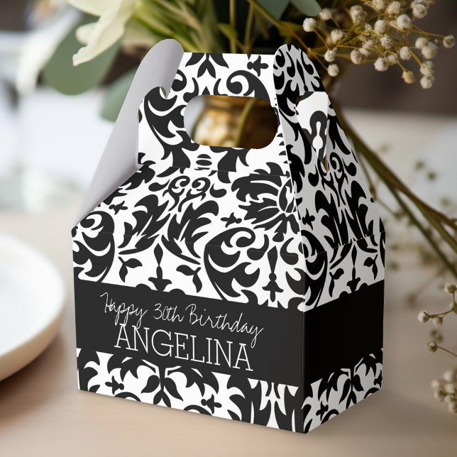 Happy Birthday with Trendy Black and White Damask Favor Boxes (Personalized favor box - birthday party)