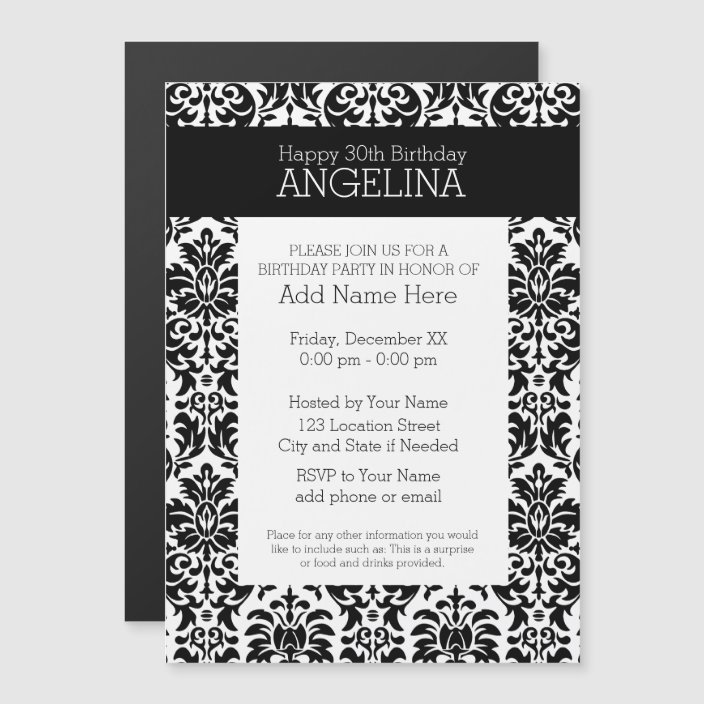 Happy Birthday with Trendy Black and White Damask Magnetic Invitation ...