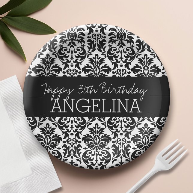 Happy Birthday with Trendy Black and White Damask Paper Plates (Custom Paper Plate)
