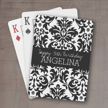 Happy Birthday With Trendy Black And White Damask Playing Cards by MarshBaby at Zazzle