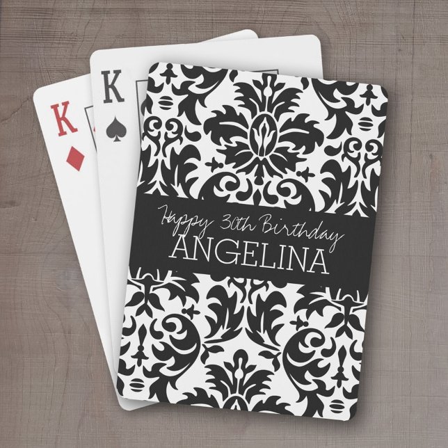 Happy Birthday with Trendy Black and White Damask Poker Cards (Personalized playing cards - Fun Birthday Design)