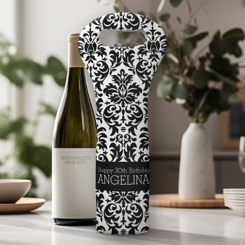 Happy Birthday With Trendy Black And White Damask Wine Bag by MarshBaby at Zazzle