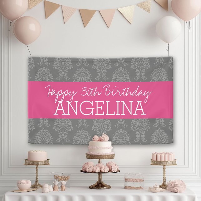 Happy Birthday with Trendy Gray and Pink Damask Banner (Custom Birthday Banner)