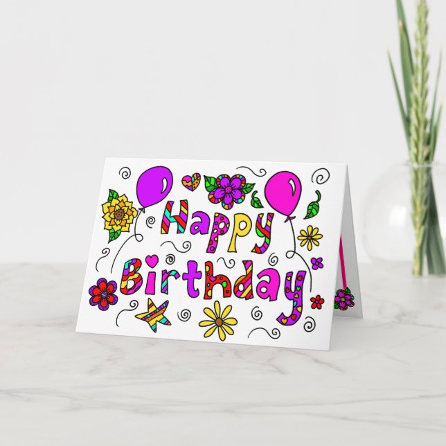 Happy Birthday with Whimsical Flowers and Balloons Card (Front)