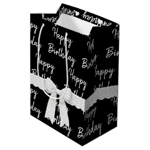 Happy Birthday With White Bow on Black Medium Gift Bag