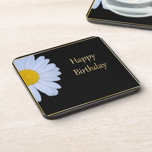 Happy Birthday with White Flower and Black Bkgrd Coaster (Left Side)