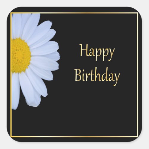 Happy Birthday with White Flower and Black Bkgrd Square Sticker