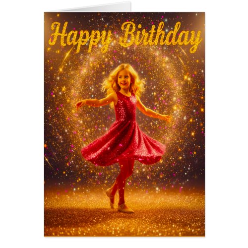 Happy Birthday with young dancing girl and glitter