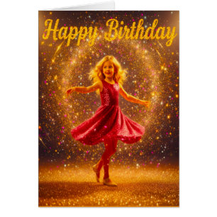 Happy Birthday with young dancing girl and glitter Cards