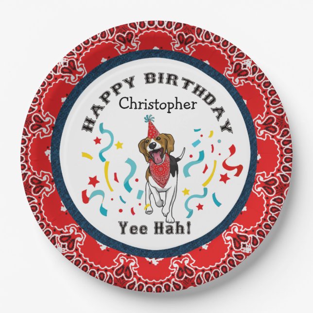 Happy Birthday with Your Beagle in Red Bandana Paper Plates (Front)