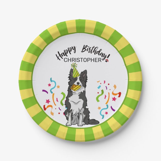 Happy Birthday with Your Border Collie Dog  Party Paper Plates (Front)