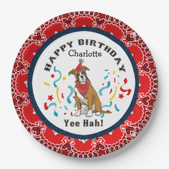 Happy Birthday with Your Boxer Dog in Red Bandana Paper Plates (Front)