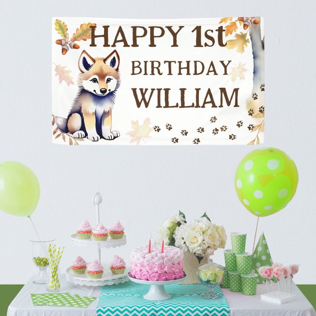 Happy birthday wolf cub wild one party banner (Happy birthday wild one wolf themed birthday party banner personalized party decor wolf woodlands)