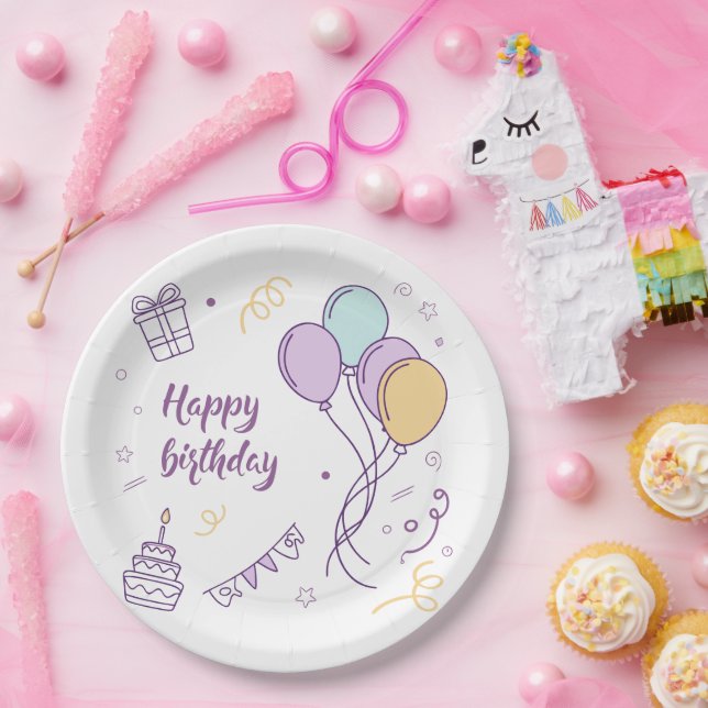 ✨ Happy Birthday Wonderland – Pastel Balloon Magic Paper Plates (Party)