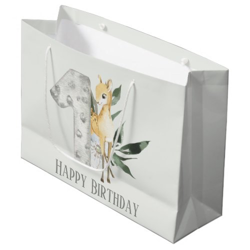 Happy Birthday woodland deer unisex first baby Large Gift Bag