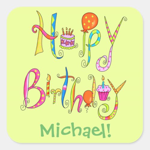 Happy Birthday Word Art Green Name Personalized Square Sticker