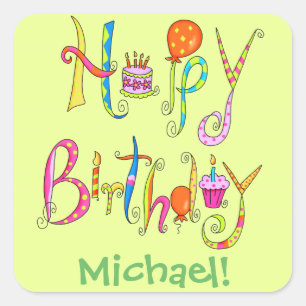 Happy Birthday Word Art Green Name Personalized Square Sticker