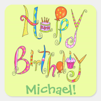 Happy Birthday Word Art Green Name Personalized Square Sticker