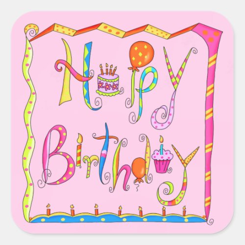 Happy Birthday Word Art Pink Balloon Art Square Sticker