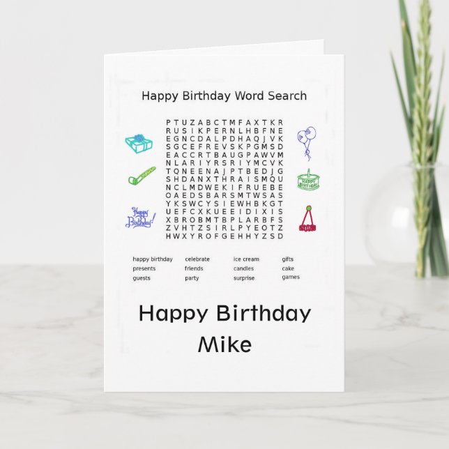 Happy Birthday Word Search Mike Card (Front)