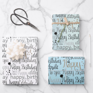 Happy birthday words Black White Blue Mint Wrapping Paper Sheets