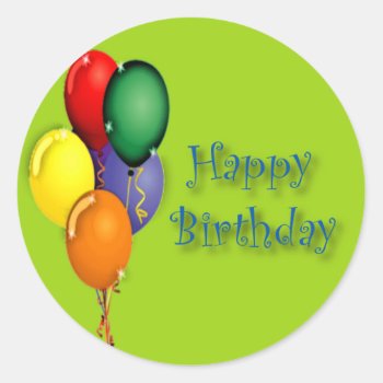 Happy Birthday Words With Colored Balloons Classic Round Sticker by Iggys_World at Zazzle