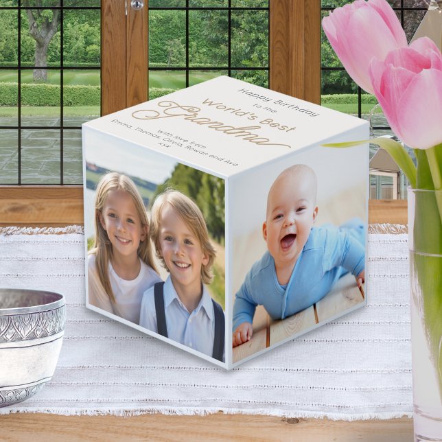 Happy Birthday World’s Best Grandma Multi Photo Cube (An elegant photo cube for Grandma's birthday, with four photos around the sides and custom message)